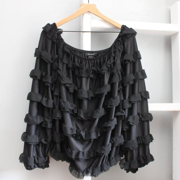 Ashley Stewart Black Off The Shoulder Cascading Ruffle Blouse Top Size 22 / 24 - Picture 1 of 5